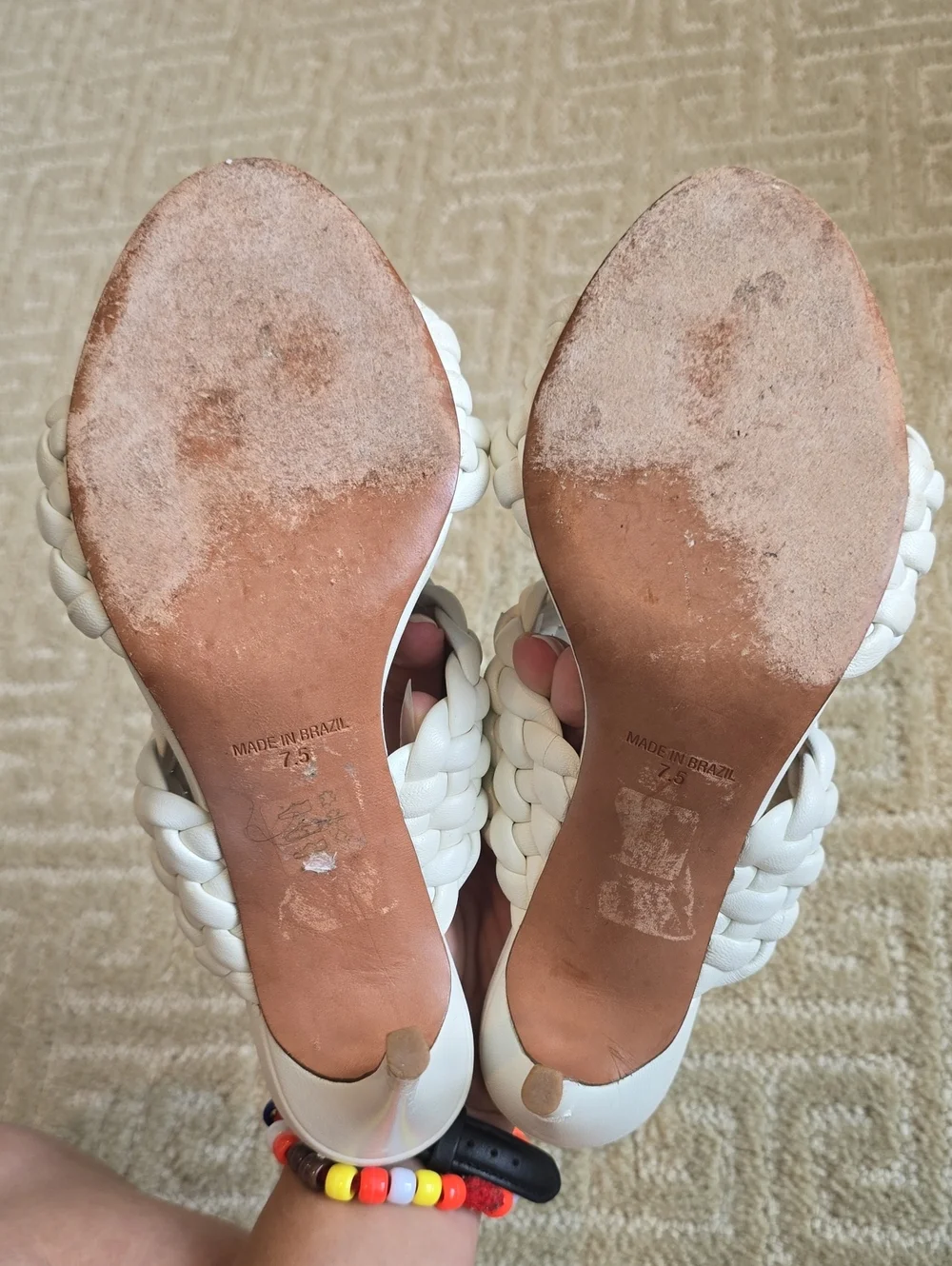 BCBGMaxAzria White Braided Double-Strap Slide Heels, Size 7.5